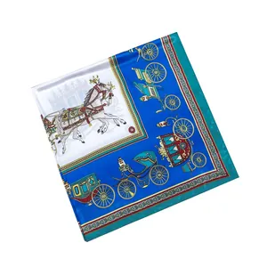 Close-up of royal horse carriage pattern on square silk scarf with vintage webbing border