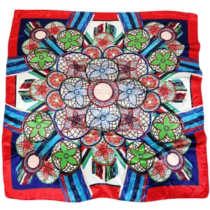 90cm square silk scarf with mandala floral pattern and red border on white background