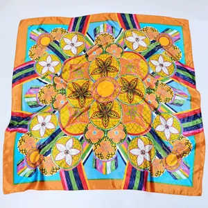 90cm silk square scarf with hand-painted floral mandala pattern and orange border