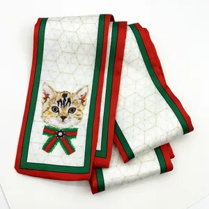 Silk twilly scarf with cartoon cat print and red-green stripes on white background
