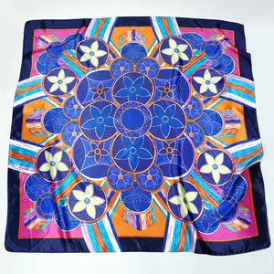 Elegant 90cm square silk scarf with blue and orange mandala floral print for women