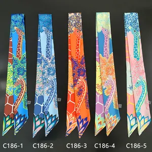 Women Giraffe Pattern Satin Narrow Scarf Elegant Floral Print Hair Band Bag Ribbon Versatile Fashion Twilly Neck Scarf Accessory