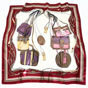 Red and white 90cm square silk scarf with vintage luxury handbag and chain pattern