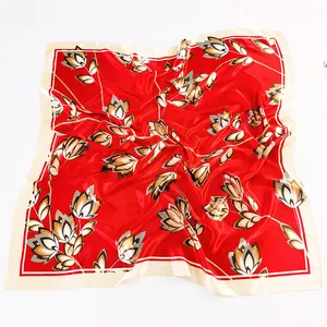90cm red floral silk square scarf with beige border and elegant branch pattern