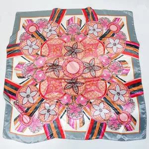 90cm large square silk scarf with hand-painted floral patterns and colorful border