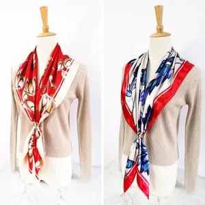 90cm large floral square silk scarf for women shown in red and blue maple leaf patterns