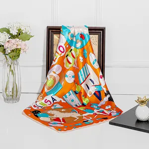 Cartoon pop art style 90cm orange silk scarf featuring fun illustrations and typography