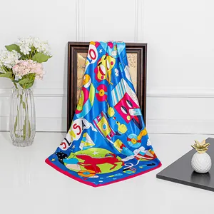 Vibrant blue 90cm square silk scarf with colorful cartoon dolls and horse pattern