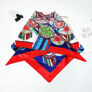 90cm silk square scarf with colorful dreamcatcher and floral pattern for women