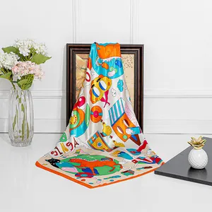 Cartoon illustration silk scarf with orange border draped over a wooden frame decor