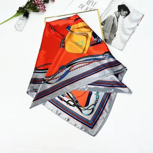 Classic 90cm square silk scarf featuring a retro chain and leather strap luxury pattern
