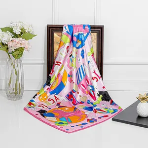 Silk feel square scarf with pink cartoon horse and flower print on art frame