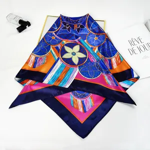 Detail of multi-color geometric floral silk scarf with luxury accessories and magazines