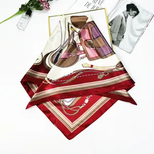 Close-up of vintage equestrian print silk scarf with luxury horse harness pattern