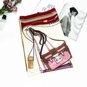Chic 90cm square silk scarf with vintage handbag chain print and elegant red border
