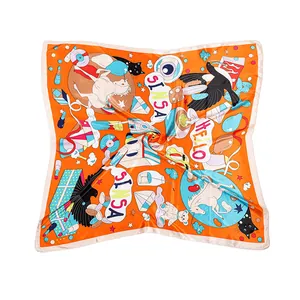 Vibrant orange cartoon doll print silk square scarf with hand-rolled edges and pop art motifs