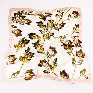 90cm silk scarf with branch and maple leaf print on beige fabric and pink borders