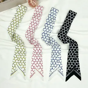 Women Geometric Grid Printed Satin Skinny Scarf Twilly For Bag Handle Hair Ribbon Neck Tie Chic Headband Fashion Accessory