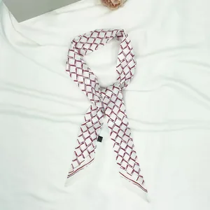 Long silk scarf with geometric square pattern in purple and brown for handbags