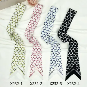 Detail of four geometric pattern twilly scarves for bag handles in multiple colors