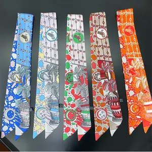 Detailed set of five cartoon floral twilly scarves showing patterns and fabric texture