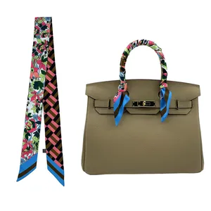 Elegante Smalle Satijnen Sjaal met Zonnebloem Bloemenprint Dubbelzijdig voor Dames Luxe Tas Handvat Lint Hoofdband Twilly Sjaal