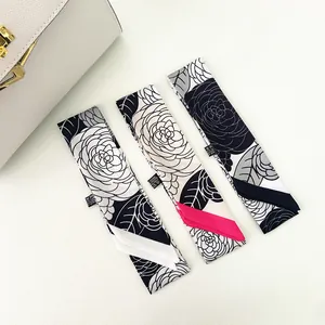 Elegant floral camellia print twilly silk scarves for handbags hair accessories