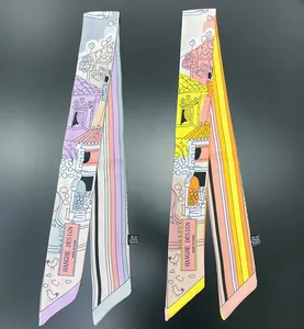 Set mit 2 schmalen Seidentüchern mit Comic-Vogel- und Haus-Illustration auf dunklem Grund