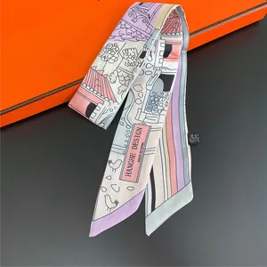 Schicker schmaler Seidenschal mit Vogel- und Hausmotiv für Taschen und Frisuren