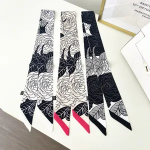 Elegant camellia pattern silk twilly scarf set for handbags with black and white floral design