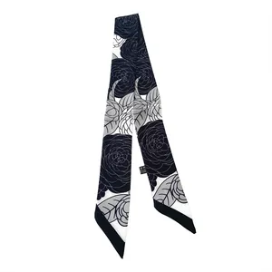 Elegant black and white camellia print silk twilly scarf for women handbags