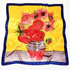 Carré de soie imprimé peinture Van Gogh tournesols avec bordure bleue élégante