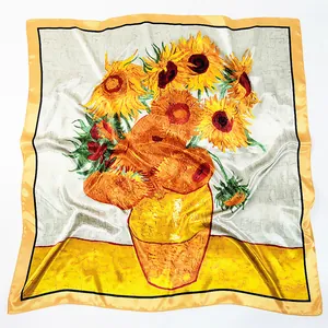 Carré de soie Van Gogh Tournesols pour femme avec imprimé de peinture à l'huile jaune