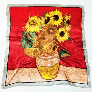 Carré de soie satiné 90cm imprimé Tournesols de Van Gogh sur fond rouge vif