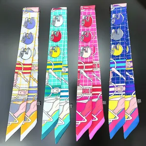 Women Satin Twilly Scarf Equestrian Horse Head Print Ribbon For Handbag Handle Hair Tie Headband Neckerchief Accessory