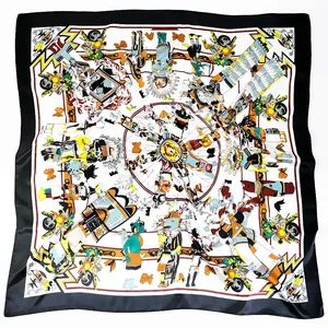 Retro Ethnic Print Satin Square Scarf For Women Tribal Pattern Shawl Sun Protection Headscarf Fashion Hair Wrap Accessory