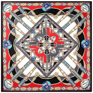 Pañuelo cuadrado de 130 cm con estampado náutico, brújula y ancla en rojo y negro clásico