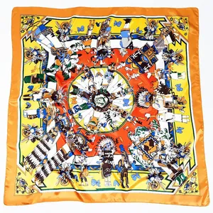 Silk-like square scarf with bright orange border and intricate tribal pattern print