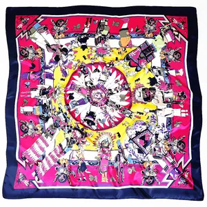 90cm square silk scarf with vibrant Indian tribal character print and colorful border