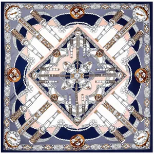 Pañuelo cuadrado de 130cm con estampado náutico, brújula y cuerdas en azul y rosa