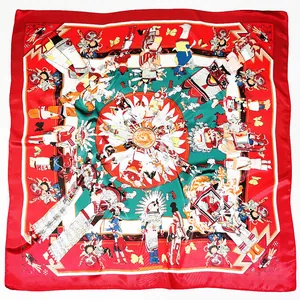 Red 90cm silk square scarf featuring traditional ethnic illustration and characters