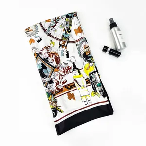 Detailed 90cm square silk scarf featuring complex ethnic illustrations and vivid patterns