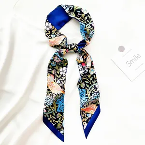 Women Elegant Satin Scarf Long Twilly With Flower And Bird Print Multipurpose Hair Tie Handbag Streamer Neck Wrap Fashion Accessory