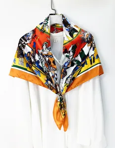 Artistic silk scarf with colorful mythological print and golden ring buckle detail