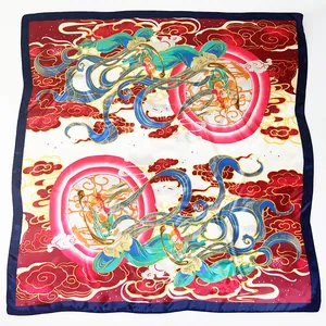 Dunhuang flying goddess silk scarf with auspicious cloud patterns and navy blue border