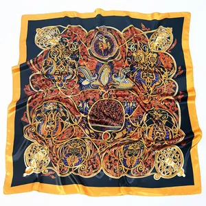 90cm vintage baroque silk scarf with deep blue and orange patterns for women