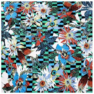 Floral print square scarf with sunflower pattern and checkered background design