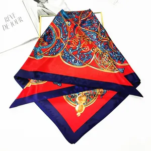 90cm vintage baroque red silk scarf with blue border and intricate gold scroll patterns