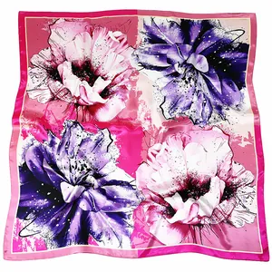 Floral print large square silk scarf with magenta borders for women fashion styling