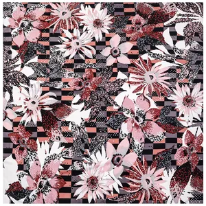 Pastel floral sunflower print square scarf with pink checkerboard and leopard details
